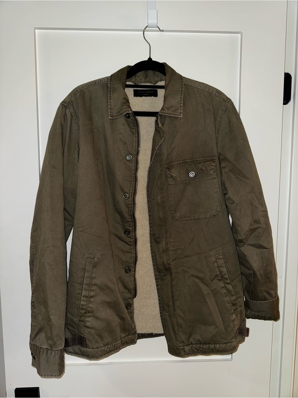 All Saints Olive Green Military Field Jacket with Sherpa Lining